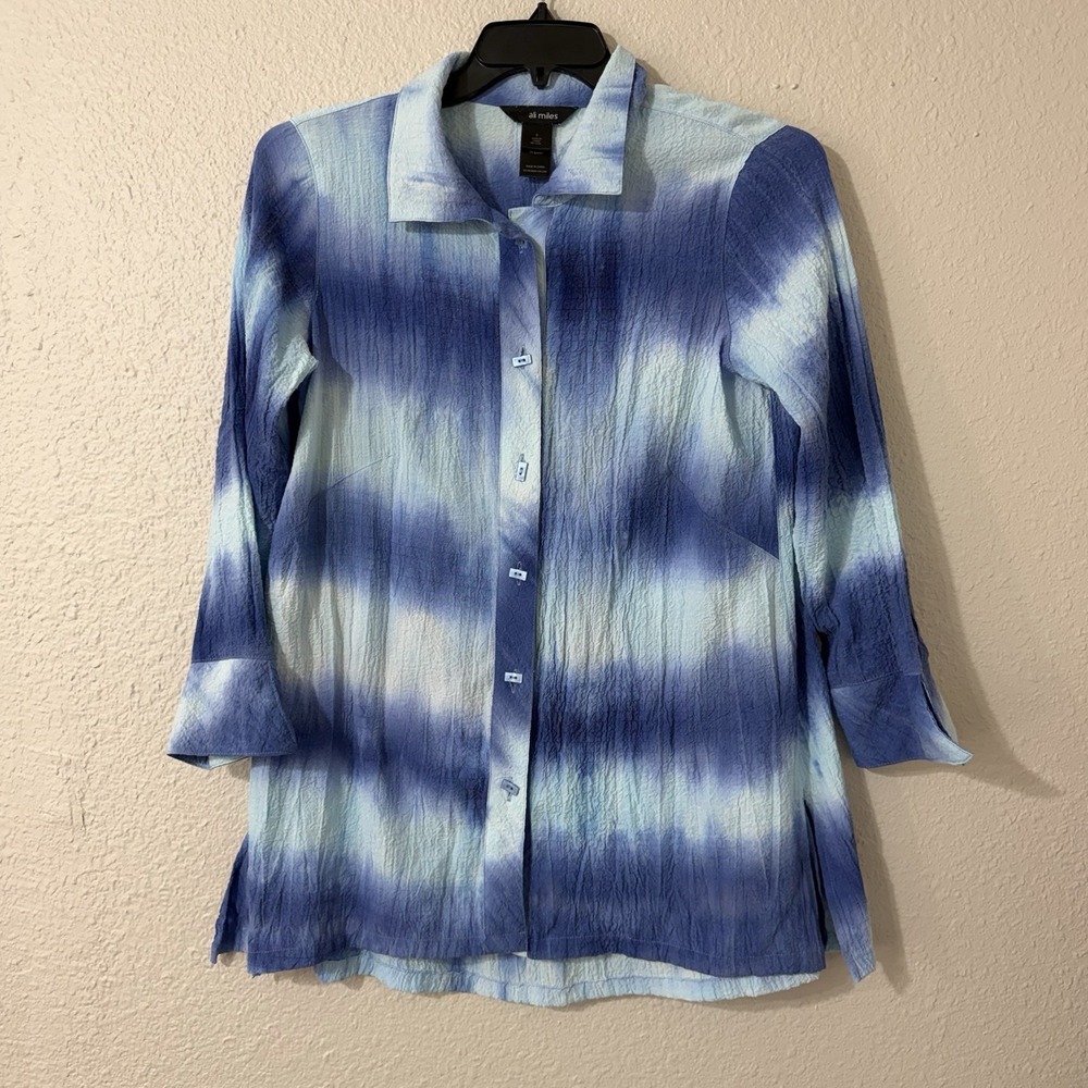 Ali Miles S Womens Top Art Blouse Button Down Dressy Stretch Blue Earthy